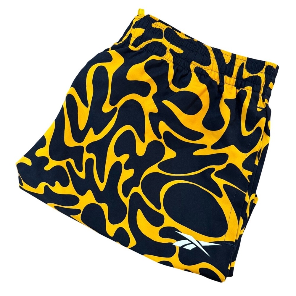 REEBOK Workout Shorts Unisex Medium‎ Navy Yellow Abstract Drawstring Polyester